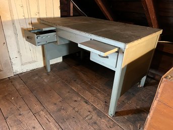 A/ Vintage Steel Office Desk With 2 Drawers And 2 Pull Out Surfaces