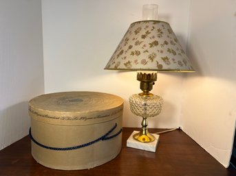 2U/ Pretty Vintage Marble Based Lamp W Hobnail Clear Glass Center And Glass Chimney, G Fox And Co Hat Box