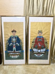 LR/ Pair Of 41' Tall Framed Elaborate Art - Chinese Emperor & Empress - Fabric Background, Colorful Images