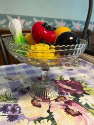 K/ Clear Footed Pressed Glass Compote Bowl Filled W Beautiful Colorful Glass Vegetables