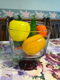 K/ Ruby Red Base Clear Glass Trifle Bowl Filled W Beautiful Colorful Glass Vegetables