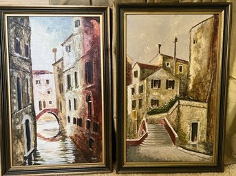 LR/ 2 Paintings On Canvas Signed Bardi - Italian Street Scene, Italian Canal Scene, Tall 22'h