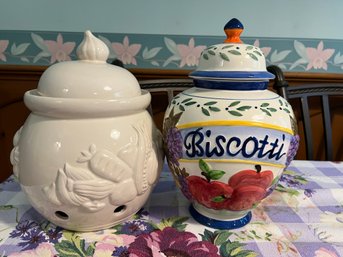 K/ 2 Large 1 Ft Tall Ceramic Jars - White Embossed Garlic Keeper W Lid & Colorful Biscotti Jar W Lid