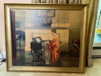 LR/ Framed Print 'At The Melodeon' By Marguerite S. Pearson, Lady Playing Piano, 34'w