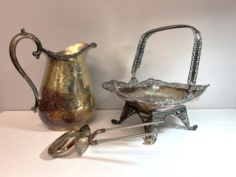 3  Silverplate Pcs - Pierced Reticulated Handled Basket Peacock Design, Etched Pitcher, Meat 2 Prong Fork