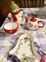 K/ Box Holiday Decor - Mikasa Bell Shaped Candy Dish, Lilian Vernon Red Hearts Mini Teapot & Mug, Snowman Tea