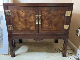 LR/ Small Wood Console Chest Cabinet, Looks Like Beautiful Burled Wood Panel Door Fronts, Brass Accents