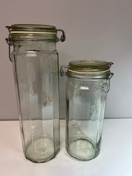 2 Matching Tall Glass Canisters W Rubber Gaskets & Latch Lids