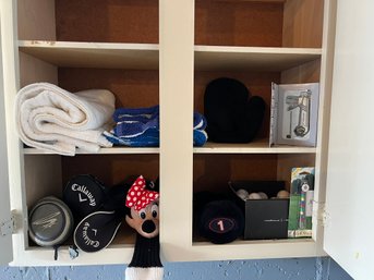 G/ 2 Shelves Assorted Golf Accessories: Balls, Head Covers, Tool, Towels Etc
