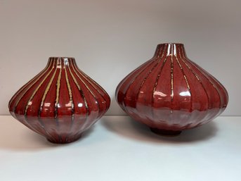 Set Of 2 Unique Brownish-Red & Mustardy-gold Glazed Squat Gourd Shaped Vases