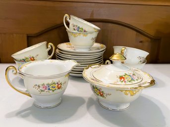 K/ Box 19 Pc Gorgeous Blue Gold Floral Meito Hand Painted China From Japan - Lot#3 Teacups Sugar Cream Saucers