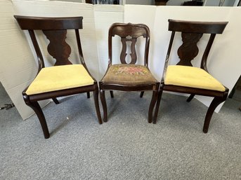 AN/CR 64&65 - 2 Antique Mahogany Chairs W Yellow Cushion Seats & 1 Antique Needlepoint Chair