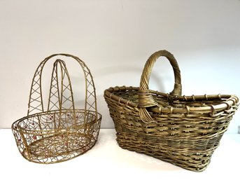 3 Pc Gold Basket Bundle - 2 Gold Handled Metal W Red Bead Accent, 1 Large Gold Painted Handled Wicker