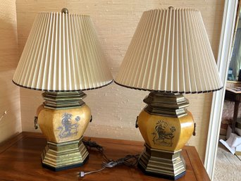 LR/ Pair Of 2 Stunning Rare 1975 Chapman Brass & Leather Lion Gryphon Motif Table Lamps