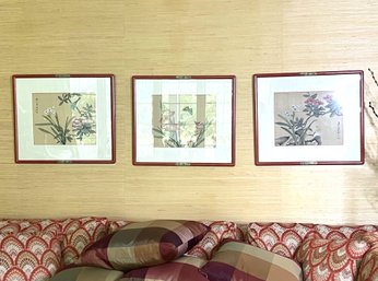 LR/ Trio Of Framed Asian Prints Behind Glass, Birds Flowers & Calligraphy, Frames Have Brass Accents, By Gumps