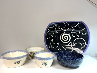 5 Pc Assorted Blue Painted Pottery Pieces - Apilco Porcelain France, Robin Spear