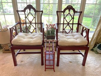 LR/ 3 Pc - 2 Red Painted Asian Chippendale Carved Arm Chairs Cane Seats, Painted Red Metal Magazine Holder