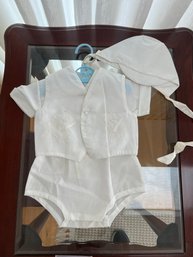 L/ 3pcs - Baby Boy Christening Outfit - Onesie, Vest And Cap