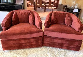 LR/ 2 Pcs - Pair Of 2 Deep Red Velvet Mid Century Modern Swivel Wheeled Club Chairs By Henredon