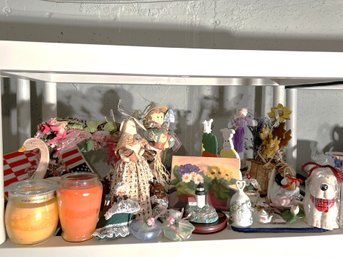 BL/ Top Shelf Asstd  Decor Items - Capodimonte Flower, Several Dolls, Candles, Dried Floral Wreath...etc