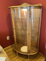 LR/ Lovely Bow Front Light Stain Wood & Glass Lighted Curio Display Cabinet W Key, 3 Glass Shelves