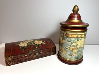 2 Vintage Style Painted Wood Pcs - 'the World' Container W Lid & Roses Hinged Box Felt Interior Jeanne Reed's
