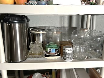 BL/ 2nd Shelf Asstd  Vintage & German Items - 2 Stainless Coffee Dispensers, Canisters, Ashtrays, German Mug..