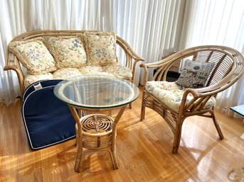 SR/ 11pcs - Beautiful Bamboo And Wicker Set: Couch, Chair, Glass Top Table, Cushions