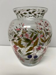 Very Pretty Hand Painted Pink Green Blue Florals On Clear Glass Vase