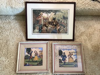 LR/ 3 Framed Art - 2 Russian Peasant Dance Prints - Samuel Kas & Colonial Forefathers Town Sq - Norman Price