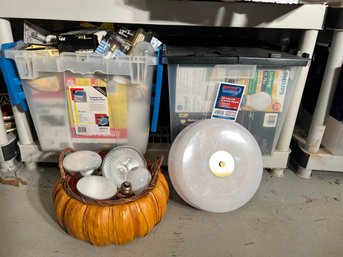 BL/ Bottom Shelf - 2 Bins 1 Basket Assorted Light Bulbs And 1 Round Ceiling Light Fixture