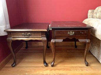 LR/ 2 Wood Single Drawer Cabriolet Leg End Tables - Left Is Mersman Waldron, Right No Maker