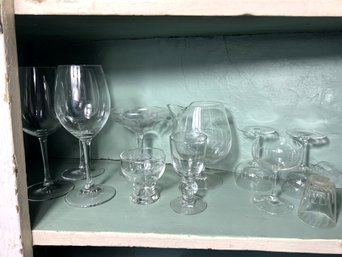 LR/ Shelf 11pcs - Assorted Fine Barware Glassware  - Clear & Etched Glass And Riedel Crystal