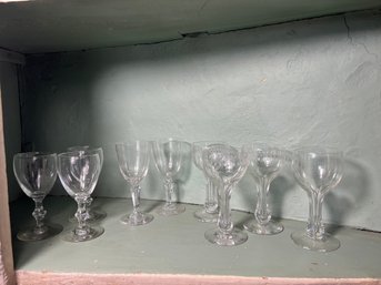 LR/ Shelf 9pcs - Variety Of Etched And Clear Small Barware Glassware