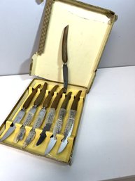 Vintage Buffalo Horn Handle 7 Knife Carving Set Original Box Lewis Rose & Co. Sheffield, England