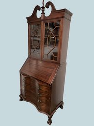 GR/ 1940 Maddox Red Mahogany Claw Foot Secretary W Key, 4 Drawers, Serpentine Front, Glass Doors On Top
