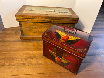 LR/ 2pcs - Larger Sized Painted Vintage/antique Boxes - 1 Wood, 1 Metal