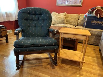 LR/ 2 Pc - Pretty Wood Frame Upholstered Rocking Chair Rocker W Light Finish Wood Single Drawer Side Table