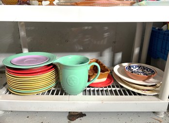 BL/ Shelf Assorted Ceramics - Colorful Plates Oneida Petals & Lynns Stoneware, Pfaltzgraff & More