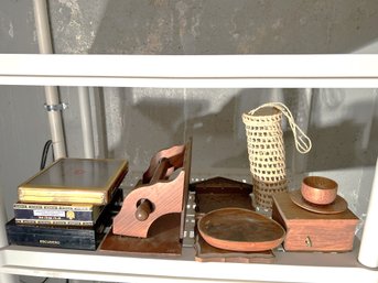 BL/ Shelf Assorted Wood Decor - 3 Cigar Boxes, Ton Tan Cup Saucer, Rustic Music Box, Spoon Holder Etc