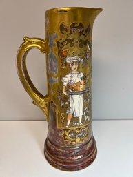 Tall 15'h Vintage Prosit German Ornately Painted Stoneware Stein Tankard Pitcher