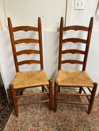 GR/ 2pcs - Vintage Ladder Back Side Dining Chairs With Rush Seats