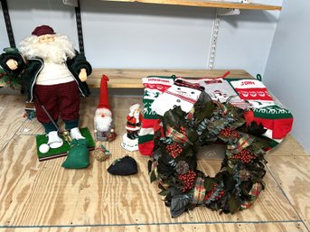C/ Assorted Christmas Decor: Golf Santa, Gnome, Musical Santa, Stockings, Hand Towels