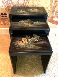 FR/ Trio Of Black Lacquer Nesting Tables W Different Asian Scenes On Top