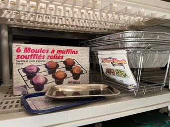 BL/ Shelf - Party Pack Lot - Foil Chafing Dishes, New In Box  Popover Pan, 2 Trays 1 W England Train/Metro Map