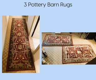 O/ 3 Pottery Barn Pure Wool 'Franklin' Red Green Ivory Gold Rugs - Two Rugs 3' X 5', One Runner Rug 2'6' X 9'