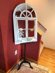 LR/ 2 Pcs - Pretty Arched Decorated Window Style Mirror Kristy Edwards, 3 Leg Dark Finish Easel 1983 Bombay Co