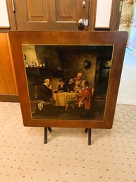 FR/ Vintage Folding Wood Card Table W Top Design - 4 Men At Table Smoking Pipes