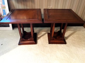 O/ Pair Of 2 Wood Square End Side Accent Tables, Open Pedestal Base