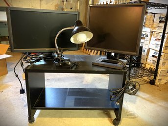 C/ 4 Pcs - Rolling Black Cart, Desk Lamp, 2 Monitors -  17' Vintage 2002 Dell & 20' Model X203 Acer LCD